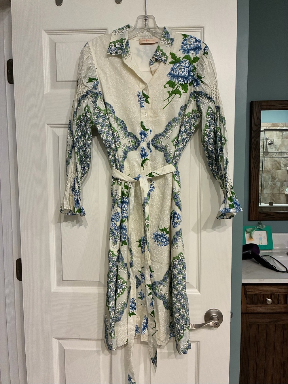 Tory Burch Cream Long-Sleeve Floral Shirt Dress with Blue and Green Print